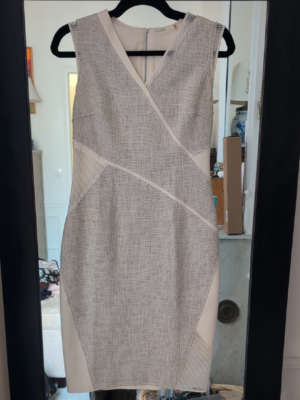 Elie Tahari Beige and Light Gray Textured Sheath Dress